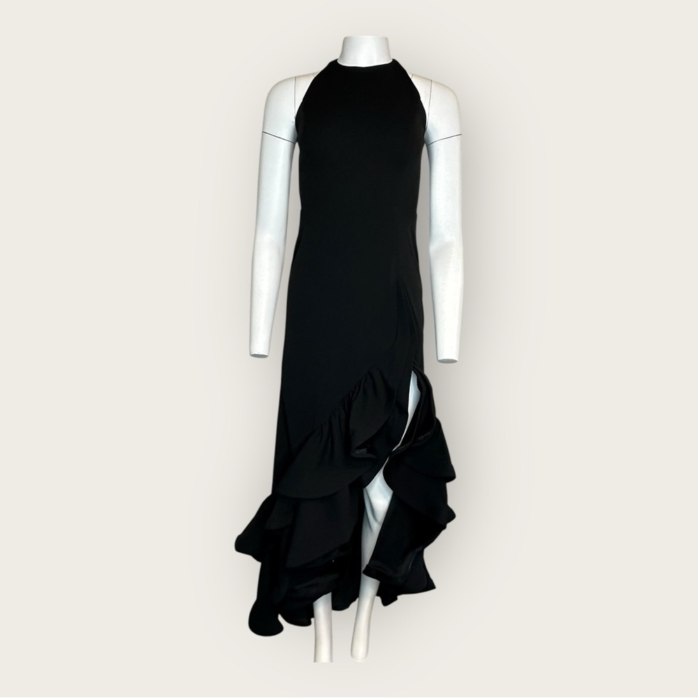 NWT | Betsy & Adams | Ruffle Halter Crepe Gown | Black | Size 2 - Picture 2 of 15